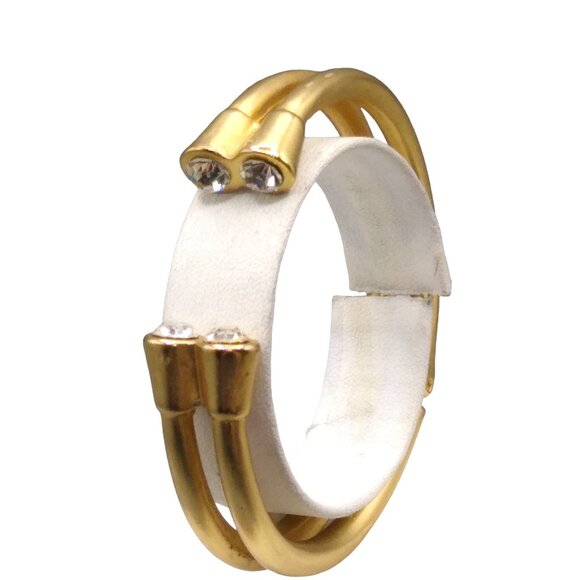 Vintage Gold Tone Hinged Cuff Bracelet, Double Band with Crystal Ends Clamper - Picture 2 of 4